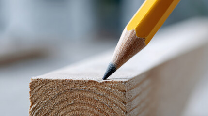 Worker marking wooden board with pencil, concept of precision and craftsmanship in carpentry and woodworking