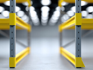 Yellow labeled storage rack under warm warehouse lighting with blurred background creating calm industrial atmosphere