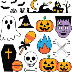 A colorful cartoon set of Halloween icons like a pumpkin, ghost, bat, and witch hat for a spooky holiday vector illustration