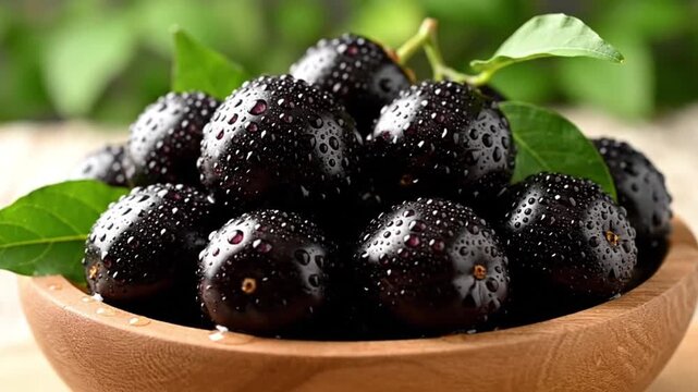A collection of ripe, dark purple jamun fruits glistening with water droplets, arranged in a wooden bowl with fresh green leaves in the background video 4k