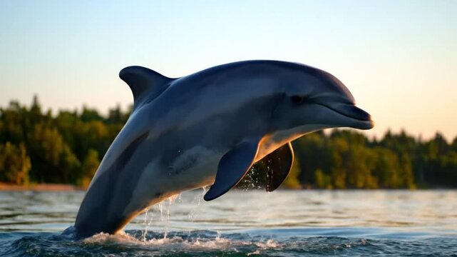 A playful dolphin leaps from the water at sunset, creating a splash as it arches its body against a warm, golden sky video 4k