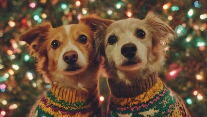 Two cute dogs wearing christmas sweaters in front of a blurred christmas tree with lights