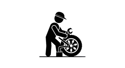 Mechanic cartoon character repairing wheel in simplified illustration