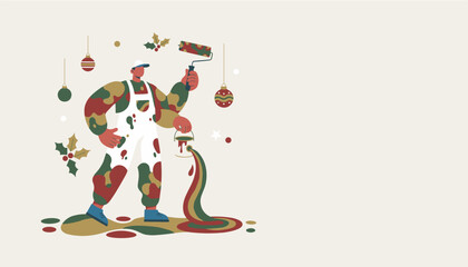 Painter decorates with festive colors for Christmas home renovation Vector illustration