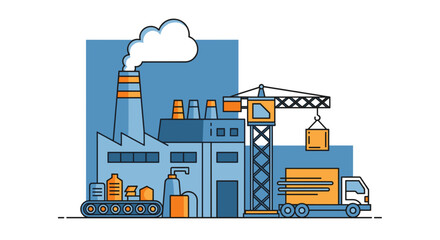 Industrial production logistics vector Factory building conveyor belt crane and delivery truck illustration