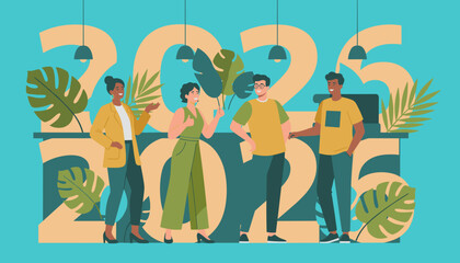 Diverse business team celebrating 2025 goals Future planning collaboration and modern office illustration