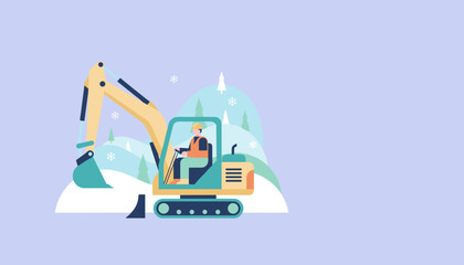 Construction worker operating excavator clearing snow in a winter landscape illustration