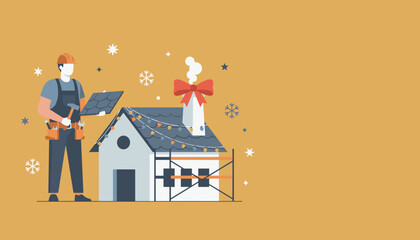 Worker repairing house roof decorated with Christmas lights in winter Home maintenance during holidays © Adobe Contributor