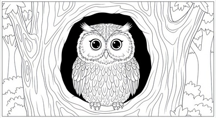 Owl in a tree hollow illustration black and white vector art design