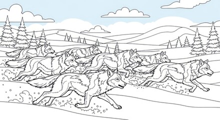 Running wolves in winter landscape illustration for nature or wildlife concept