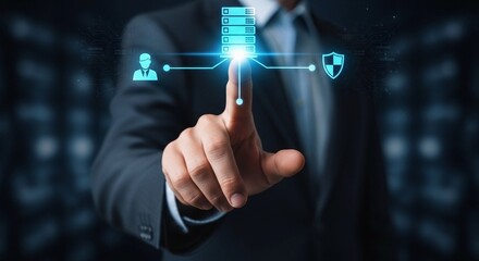 A businessman touching a digital interface with server user and security icons on a dark background