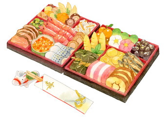 日本のお節料理と馬の祝箸　水彩イラスト