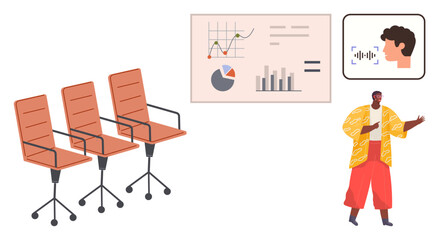 Conference chairs, data charts with graphs and pie, speaker gesturing, microphone icon. Ideal for teamwork, presentation, leadership, analysis, communication education flat metaphor