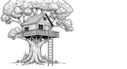 Treehouse illustration black and white depiction with ladder and canopy
