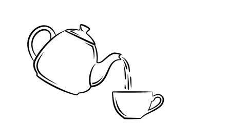 Teapot pouring into cup illustration white lines on transparent background