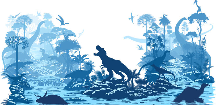 vector river in rainforest jungle with dinosaurs: t-rex, patagotitan, neovenator, styracosaurus, utahraptor, spynosaurus, ankylosaurus, triceratops, tyrannosaurus, carnotaurus, deinocheirus