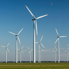 Massive modern wind turbine farm spinning in a vast natural landscape, capturing kinetic energy and generating clean, sustainable, and renewable electric power ,clean ,generator ,equipment