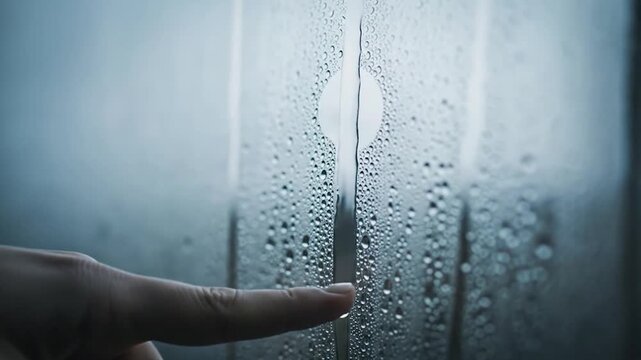 Human hand finger touching condensation on steamy glass panel creating a clear path through water droplets