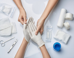 Medical professional putting on sterile gloves, surrounded by medical supplies.