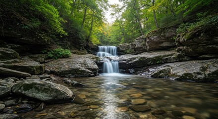 A clear stream flows rapidly over weathered stones, forming a majestic, secluded waterfall deep within the quiet, natural countryside ,rural ,untouched ,landscape