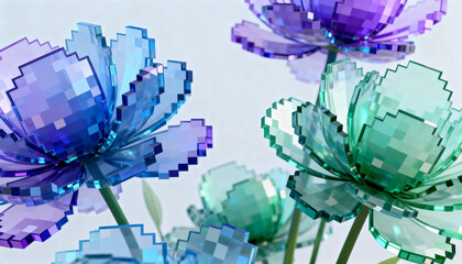 Abstract 3D floral geometry made of pixels and glass, vibrant yet calm, futuristic organic harmony, wallpaper 