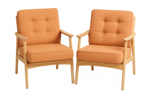 Pair of mid century modern armchairs with natural wood frames and orange tufted fabric cushions on a transparent background