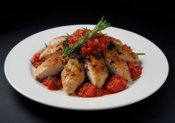Fototapeta premium Conceptual dish: crisp poultry pieces mixed with dark shredded herbs, fresh rosemary sprigs, and vibrant red tomato sauce served on a simple white plate ,rosemary ,puree ,meat
