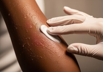 Professional applying soothing cream to severe contact dermatitis on dark skin arm