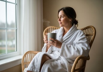 Peaceful woman in a white bathrobe holding a steaming mug looking out the window