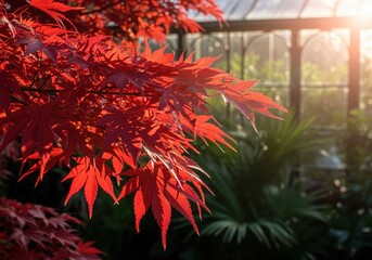 Vibrant red japanese maple leaves backlit by golden sun near a glass greenhouse.
