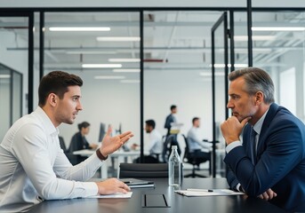 Young businessman presenting ideas to senior executive during serious office discussion