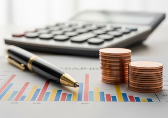Financial analysis concept with pen, stacked coins, bar graph, and calculator.