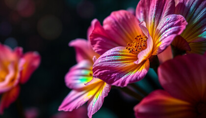 Close-up of Vibrant Pink and Yellow Flowers with Dew Drops in Sunlight