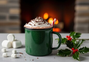 Festive hot chocolate mug with whipped cream, candy cane, and holly by a warm fire