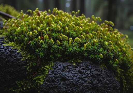 Dense patch of lush green moss sporophytes thriving on dark wet lava rock.