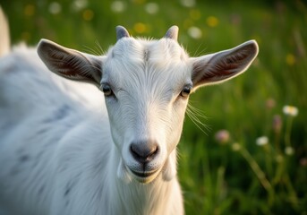 Obraz premium Detailed medium close up of a young white goat gazing directly into the camera.