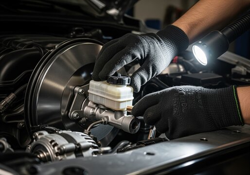 Auto mechanic hands in gloves working on car brake master cylinder assembly.