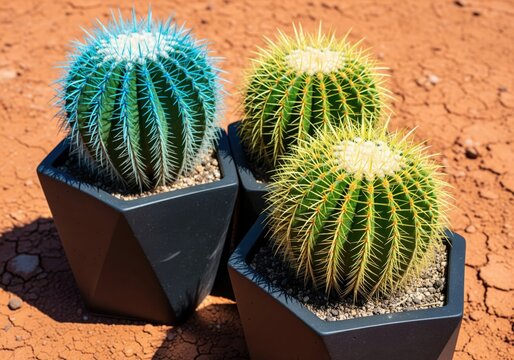 Vibrant blue and golden barrel cacti in modern pots on cracked desert soil.