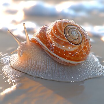 Seashell snail on sandy beach, sunlit