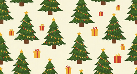 Seamless Christmas pattern with decorated evergreen trees, gift boxes, and golden stars on cream background.