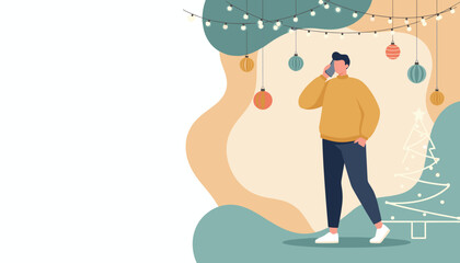 Holiday communication Man talking on smartphone near Christmas lights and decorations