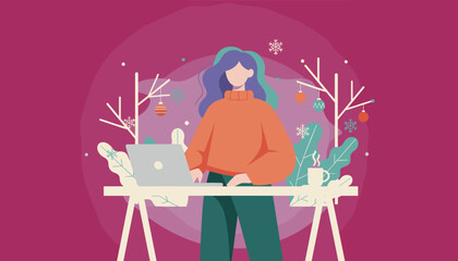Woman working on a laptop at a festive winter desk with ornaments Remote work and holiday productivity concept