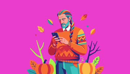 Stylish mature man texting on phone surrounded by fall foliage and pumpkins