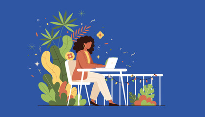 Woman working on laptop in a lush outdoor setting Remote work digital nomad and flexible professional lifestyle © VisualPro