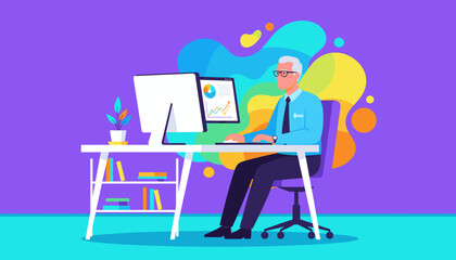 Senior professional analyzing business data on a desktop computer Modern flat illustration