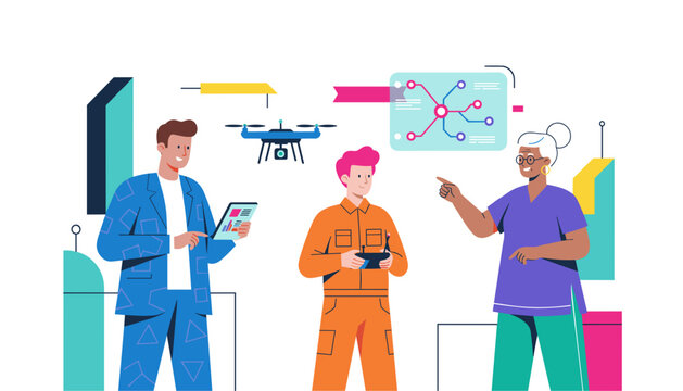 Diverse team analyzing drone technology and data planning future operations