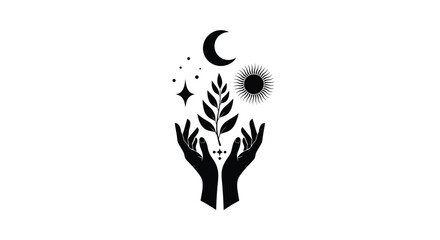 Fototapeta premium Hands cradling plant life with sun moon and stars above