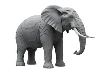 Grey elephant statue with stylized carvings isolated on white background. Stone animal sculpture with tusks.