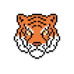 Pixel art of tiger head. Pixelated tiger head icon.