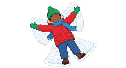 A joyful child pretends to be an angel in the winter snow